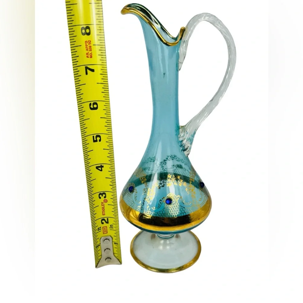 Empoli Italy Glass Aqua Blue Jeweled Decanter Mid Century No Stopper VTG